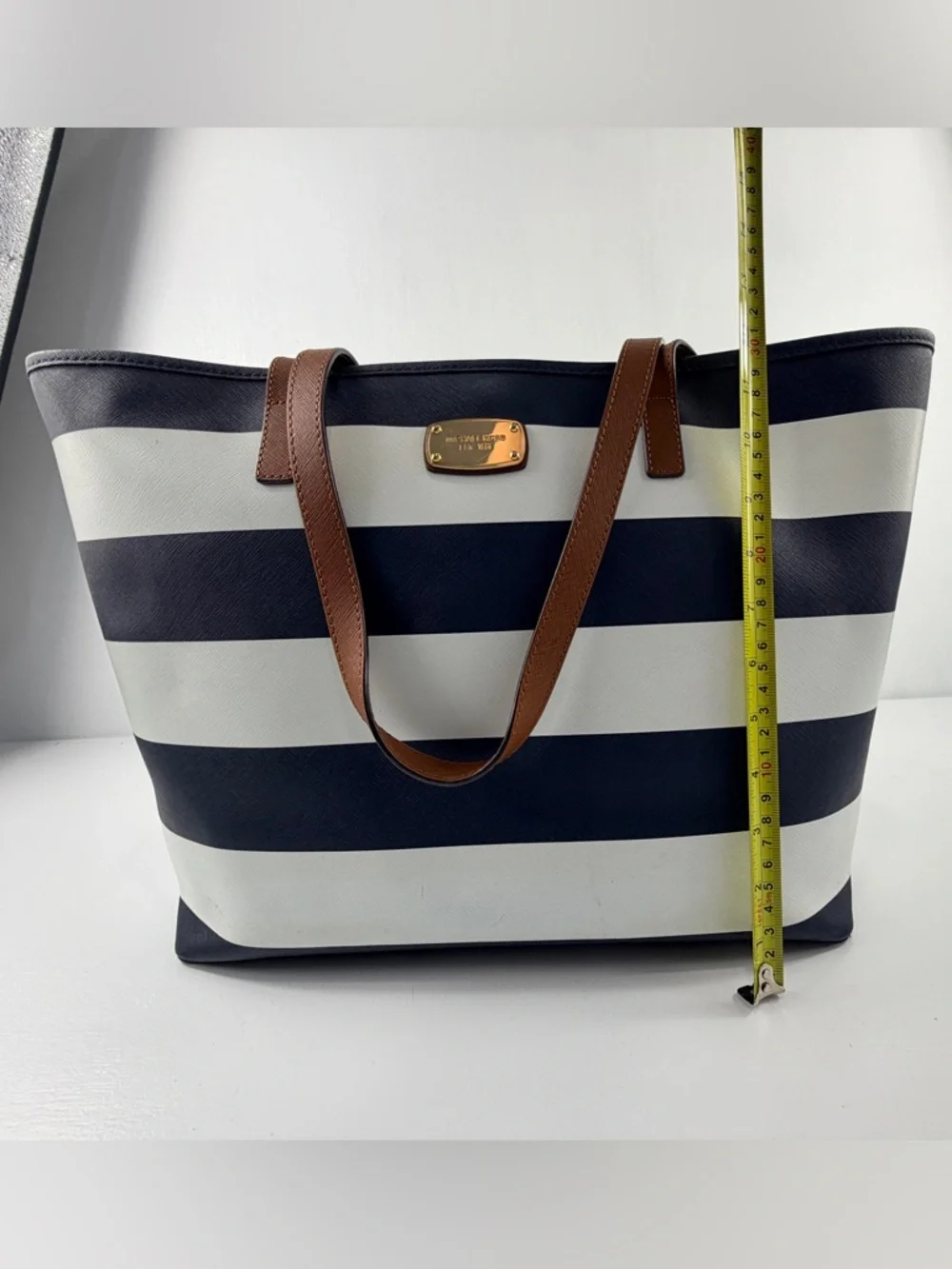 Michael Kors Jet Set Large Tote Bag Navy Blue White Stripe Saffiano Leather Gold